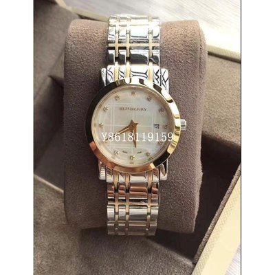 BURBERRY手錶 BU1375 經典立體格紋珍珠貝錶盤雙色不銹鋼女錶/28mm/正品