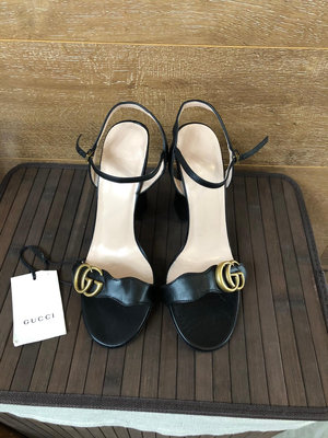 Gucci古馳Marmont系列黑色復古雙G涼鞋女鞋高跟鞋