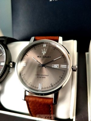 瑪莎拉蒂手錶MASERATI手錶ELEGANZA款，編號:R8851130002,灰黑色錶面咖啡色皮革錶帶款