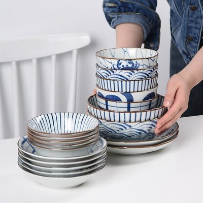 家用餐具套裝碗盤波佐見燒日式簡約進口瓷器藍繪全家福碗盤組合