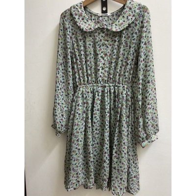 日本品牌nice claup湖水綠復古印花圖案花朵雪紡紗長袖洋裝連身裙