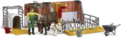 德國 BRUDER  農場農舍主題套組農場小牛飼養場景組(含2牛及人偶和所有配件)兒童玩具車塑料模型