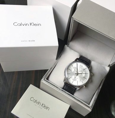 Calvin Klein City 銀白色面錶盤 黑色皮革錶帶 石英 三眼計時 男士手錶 K2G271C6 (CK腕錶）