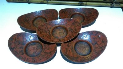 【古玩茶趣】日本古美術 日本茶道具  厚胎朱漆橢圓形 老件純銅 茶托 杯托 五客