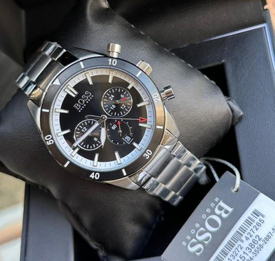 HUGO BOSS Santiago 黑色面錶盤 銀色不鏽鋼錶帶 石英 三眼計時 男士手錶 1513862