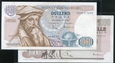 BELGIUM (比利時紙幣)， P136 , 1000-FR. , 1973 , 品相9新AU