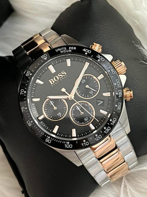 HUGO BOSS Hero 黑色錶盤 玫瑰金色配銀色不鏽鋼錶帶 石英 三眼計時 男士手錶 1513757