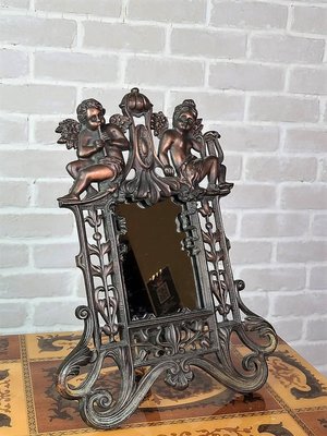 【卡卡頌  歐洲古董】19世紀 法國百年 純厚銅 天使 邱比特 賽姬 新藝術 桌鏡 古董鏡 相框  MI0096 ✬