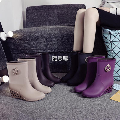 熱賣 雨鞋女時尚高筒潮時尚款韓國加絨保暖防滑坡跟防水鞋冬季高跟雨靴 促銷