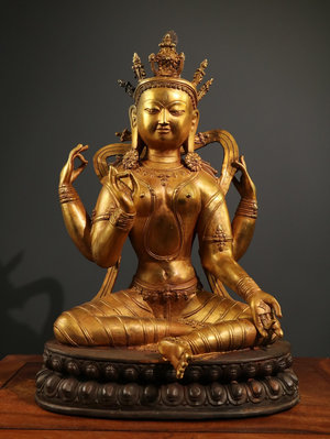 舊藏純銅鎏金佛像  四臂觀音菩薩 一尊  純銅鑄1668