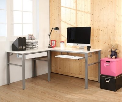 B~木紋白低甲醛160+80公分一抽一鍵L型穩重型工作桌/附電線孔/電腦桌/書桌