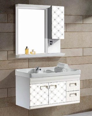 FUO衛浴:90公分 合金材質櫃體陶瓷盆浴櫃組(含鏡子,邊櫃,龍頭) T9706