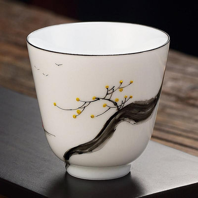 禪意白瓷茶杯水墨品茗杯陶瓷主人杯手繪羊脂玉功夫茶具單個小杯子