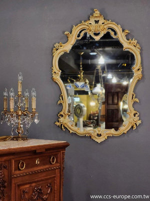 義大利 洛可可 木雕 彩繪 古典 刷色 立體雕花 掛鏡 玄關鏡 化妝鏡 歐洲老件 MI0144【卡卡頌  歐洲古董】✬