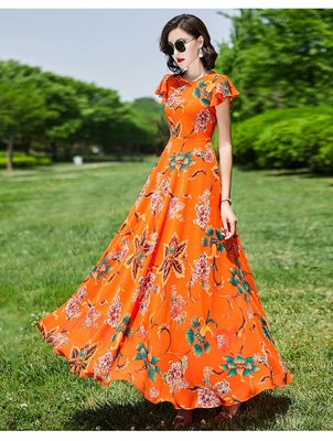 夏季雪紡橙色連衣裙女長款到腳踝時尚氣質超長大擺裙子   婧