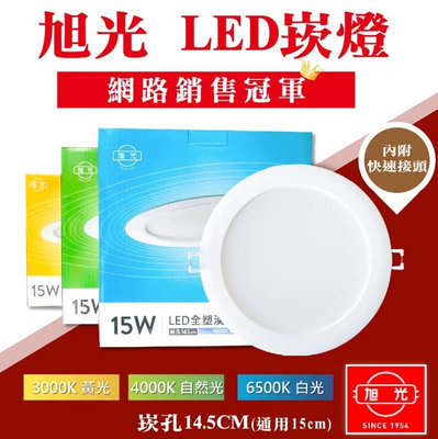 〔國家CNS認證〕高亮度 旭光 LED崁燈15W 15cm嵌燈 坎燈 內置驅動器 附快速接頭（崁入孔15CM)