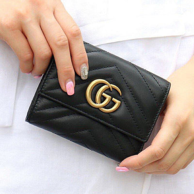 全新法國正品 Gucci GG Marmont Wallet 黑色斜紋縫線 真皮三折式短夾 卡夾 皮夾 474802
