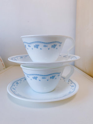 中古 美國產康寧 藍花奶玻璃咖啡杯碟
