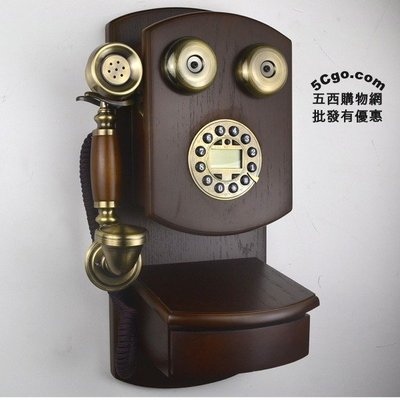 5Cgo 【批發】含稅 40683566045 歐式木質木頭電話機仿古復古家用電話座機老古董牆壁掛式免提重撥-按鍵撥號