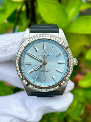 百百年靈 BREITLING 18K灰金鑲嵌寶石 錶徑 36mm 冰藍面 自動機芯 AB2010161C1A1 保卡2023/AUG