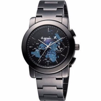agnes b. 經典世界地圖時尚腕錶/黑X藍/38mm BWY061P1