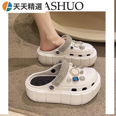 TASHUO  包頭半拖鞋女夏外穿2022年新款水鑽厚底時尚復古涼拖洞洞鞋ins潮~天天精選