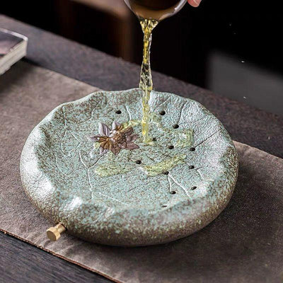 【二手】陶瓷家用排水茶盤窯變創意功夫中式茶具托盤圓形蓮花儲水茶海泡茶12508青瓷 白瓷 青白瓷