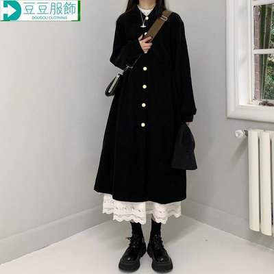新款韩版复古赫本风小黑裙 长袖宽松中长款洋裝半身裙~豆豆服飾