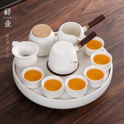 促銷打折 祥業茶具套裝側把茶壺茶杯陶瓷茶盤全套黑陶簡約日式家用功夫茶具