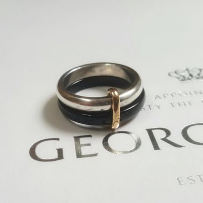㊣ 喬治傑生 Georg Jensen A119 隱藏版 18 K金 黑瑪瑙 純銀 三色雙環 戒指 ￥ 少見配色 ￥