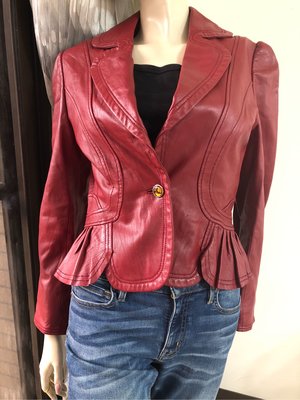 義大利專櫃【di marzia】 暗紅色西裝時尚皮衣外套~AJ衣飾hg