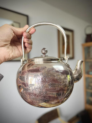 茶道具 日本老銀壺 十一代 中川凈益 煎茶器一套 鐵壺 錫罐4684