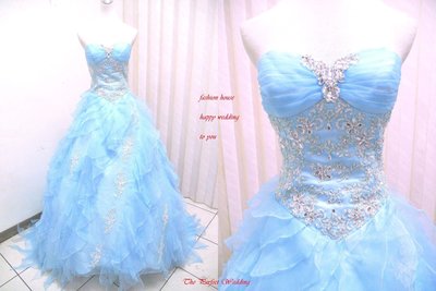 【時尚屋婚紗禮服】水藍色馬甲水鑽法式設計師浪漫造型款《二手禮服》～Ｗ６０８(歡迎預約試穿)