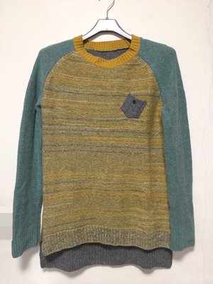 韓國前小口袋配色前短後長針織毛料毛衣