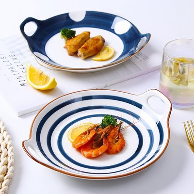 下殺 (null)日式手繪陶瓷雙耳盤子家用深盤魚盤菜盤創意網紅餐具菜碟