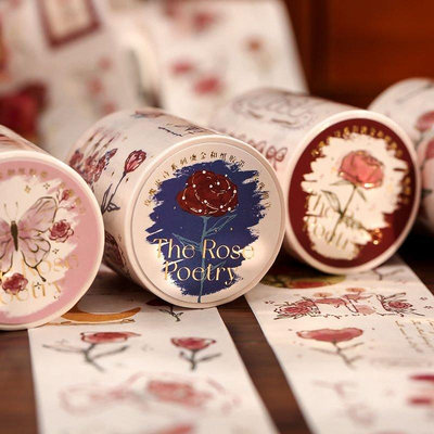 新品 浪漫玫瑰燙金和紙膠帶 高顏值原創手繪ins復古感手帳素材裝飾貼畫促銷 可開發票