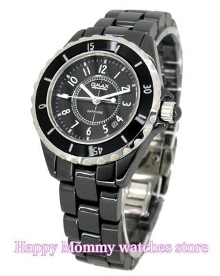 【 幸福媽咪 】網路購物、門市服務 OMAX 歐瑪士 藍寶石 黑色陶瓷女錶34mm HK-007