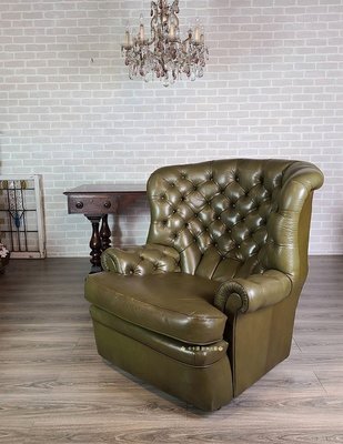 【卡卡頌  歐洲古董】英國 Chesterfield  橄欖綠 牛皮 沙發 主人椅 釘釦沙發 皮沙發 so0038 ✬