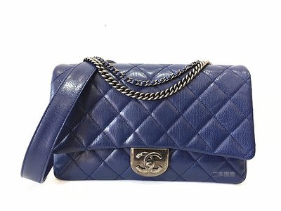 二手旗艦 Chanel 藍色 菱格 牛皮 復古銀釦 皮穿鍊 肩背 斜背 兩用包 (中友店)06507