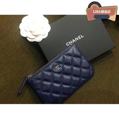 LISA二手 Chanel 香奈兒 銀色logo 深藍 荔枝皮 手拿包/零錢包