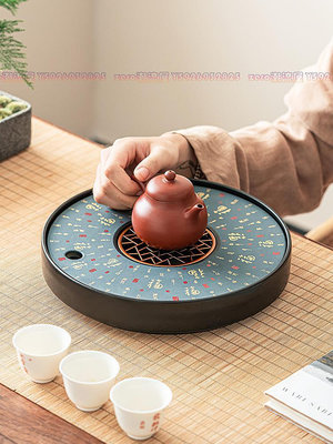 茶盤家用中式復古陶瓷干泡盤圓形儲水式茶海托盤簡易小型茶具茶台-zero潮流屋