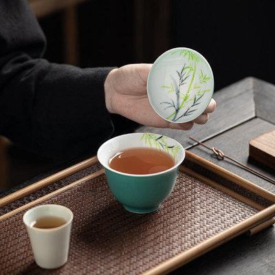 茶具 松石綠手繪竹子二才蓋碗無托彩繪茶室陶瓷泡茶碗茶杯功夫茶具單個