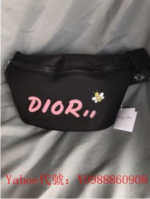 里昂二手正品  Dior Homme x Kaws 黃蜜蜂 粉字 黑色 腰包 1KWPO100YLE