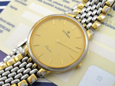 【一元起標】【精品廉售/手錶】瑞士名錶CYMA Louis XV路易斯十五紀念錶 石英錶/雙色精鋼錶帶/暖黃色系*好錶*高價靓款*#349*防水*佳品