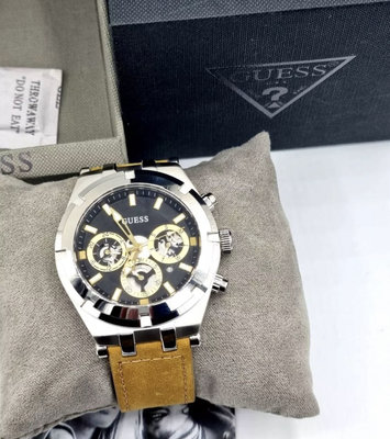 GUESS Continental 黑色錶盤 褐色皮革錶帶 石英 男士手錶 GW0262G1