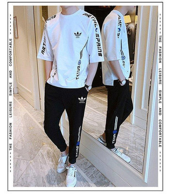 ??Adidas愛迪達 三葉草 夏季短袖T恤+運動長褲套裝 男士休閒套裝 潮流寬鬆一套男裝韓版T恤