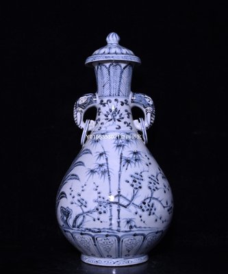 明洪武青花松竹梅紋象耳蓋瓶，高38×21公分R10550-1835