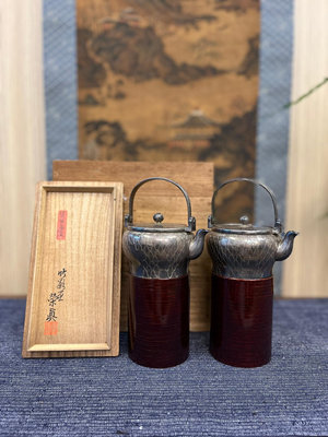 日本收藏級酒壺 竹影堂榮真造綱袋紋純銀酒注一對 原共箱 D：