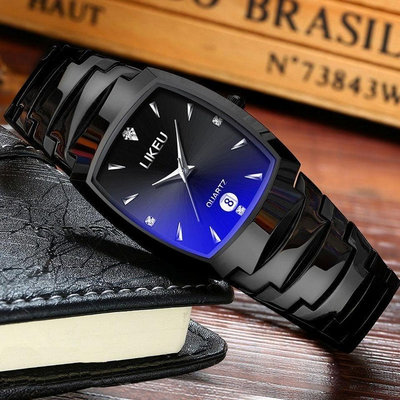 手錶 男士手表 新款時尚鎢鋼色方型鋼帶日曆防水男錶 商務錶