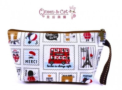 白鳥奈子精品舖 筆袋 化妝包 多功能防水布包 台灣製造 皇后與貓 Queen& Cat 白英倫郵票 滿千免運